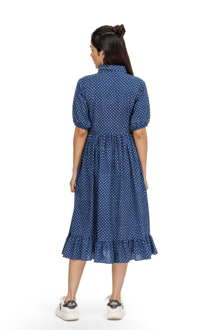 Indigo Polka Hand Block Dress - womenswear - 1014/W/D/I