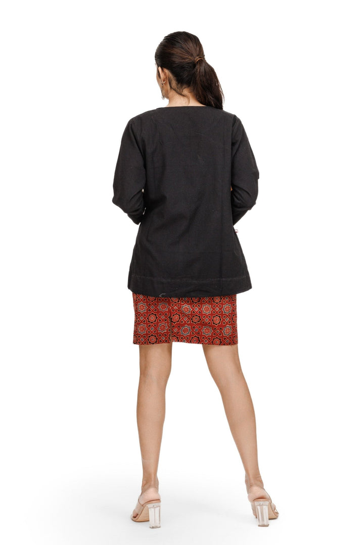 Rusty Ajrakh Hand Block Skirt And Crop Top With Handloom Jacket - womenswear - 1019/W/SJCT/BR