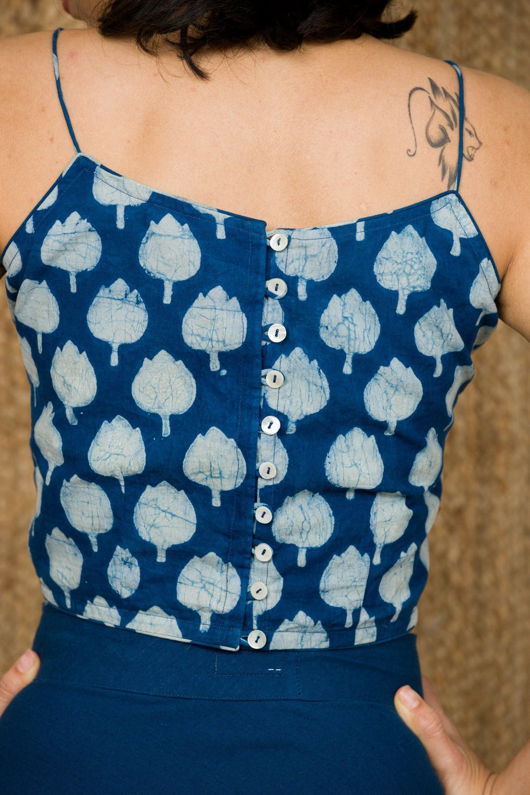 Indigo Hand Block Print Crop Top With Handloom Skirt - womenswear - 1027/W/SCT/BI