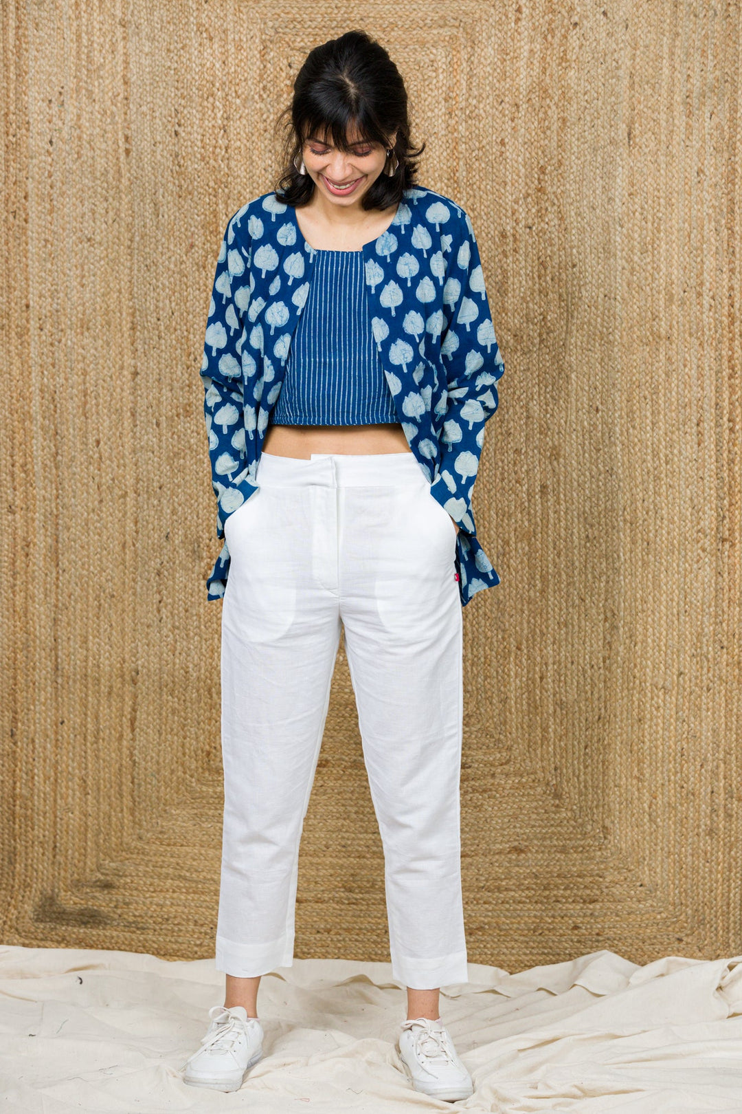 Indigo Hand Block Print Reversible Jacket With Crop Top And Linen Pants - womenswear - 1038/W/JCTP/ILP