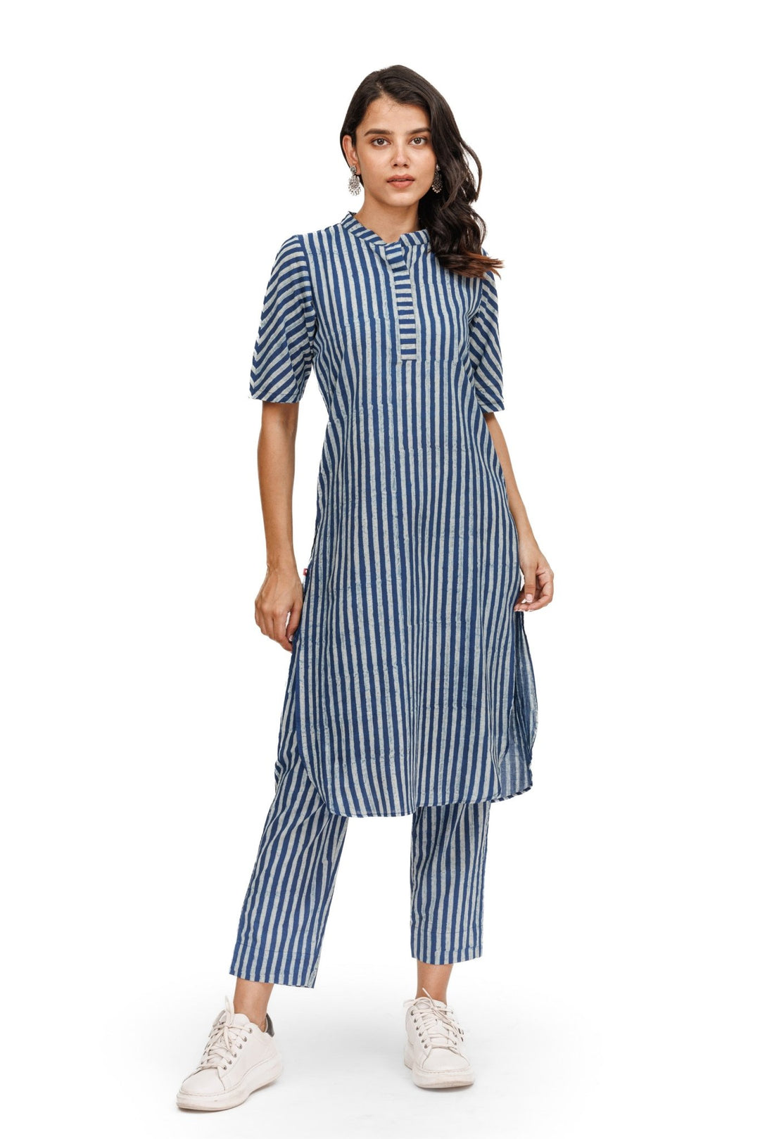 Indigo Handblocked Thick Striped Kurta And Pants - womenswear - 1044/W/KP/I