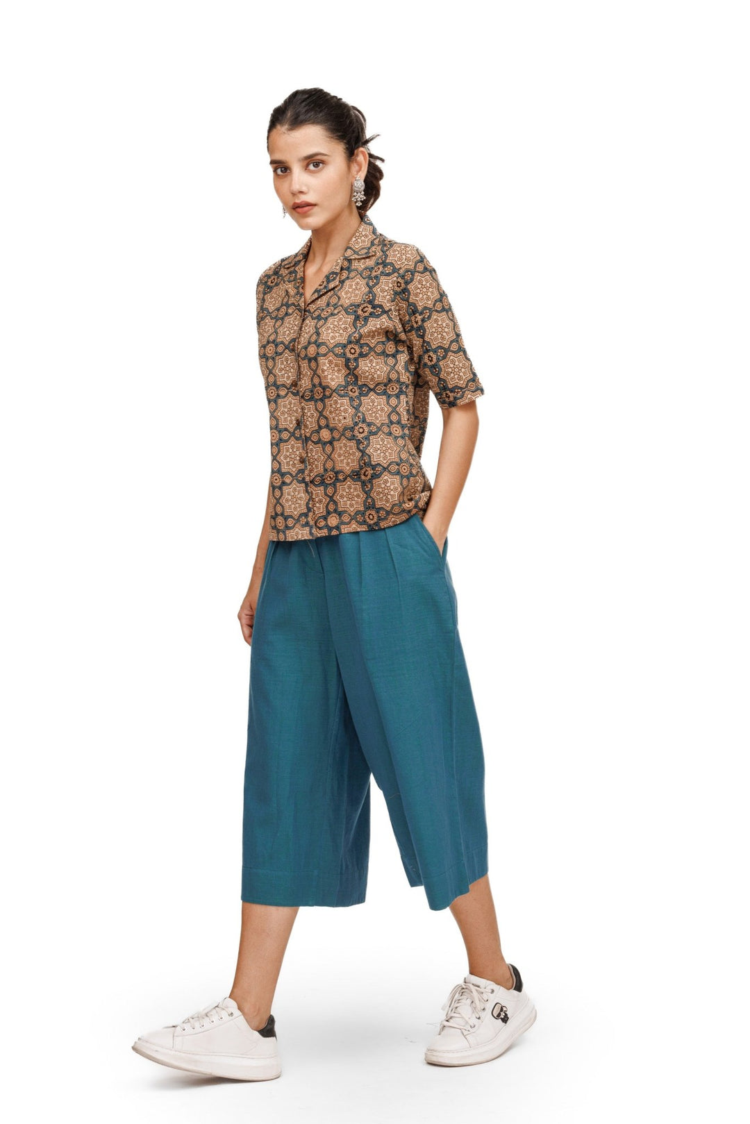 Canna Ajrakh Crop Top With Handloom Pants / Culottes - womenswear - 1050/W/TP/BT