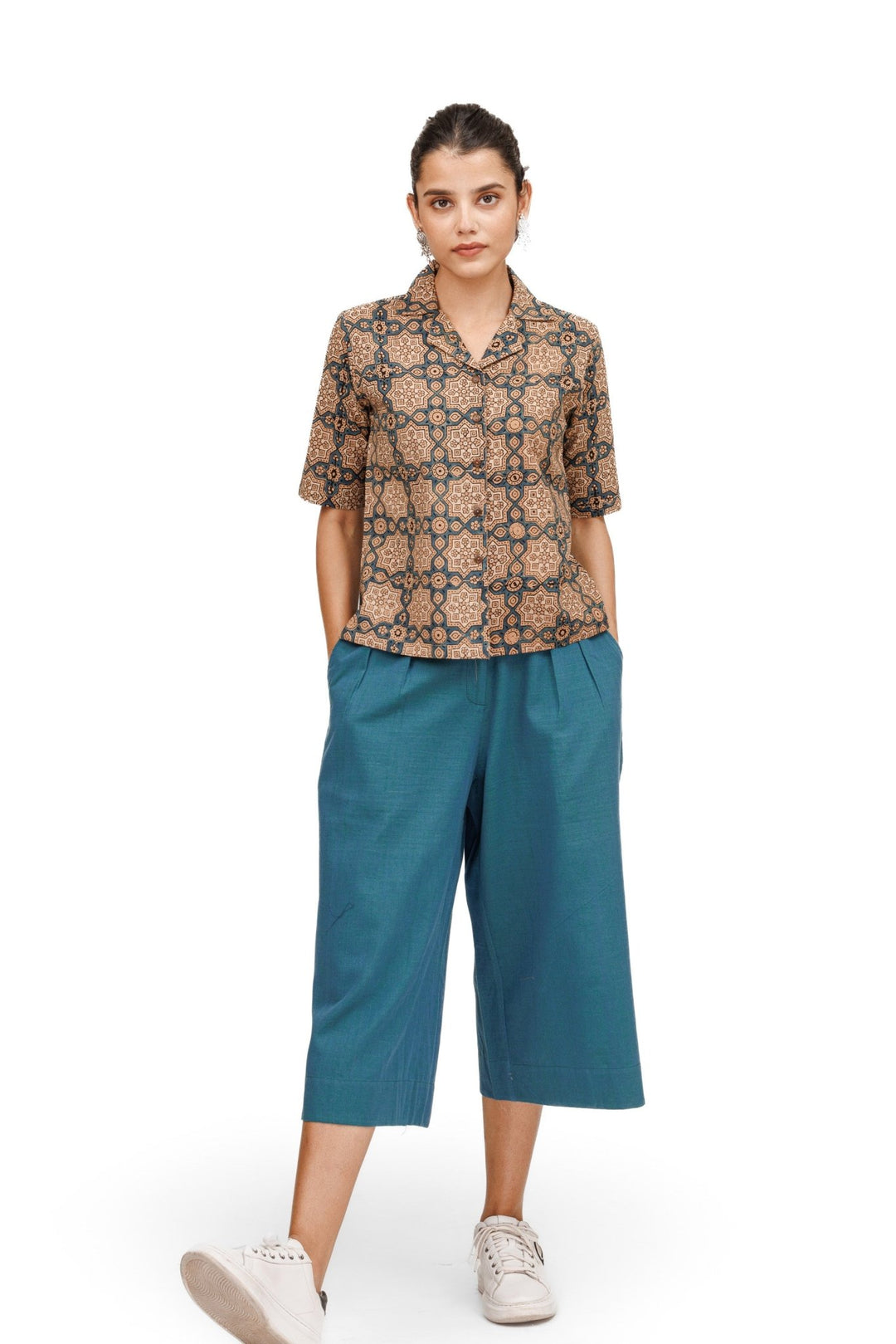 Canna Ajrakh Crop Top With Handloom Pants / Culottes - womenswear - 1050/W/TP/BT