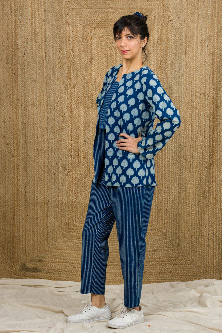 Indigo Hand Block Print Reversible Jacket with Crop Top And Pants - womenswear - 1053/W/CJCTP/I