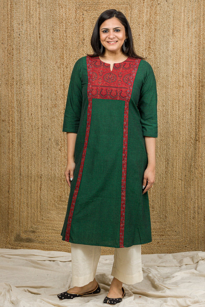 Handloom green Kurta With Ajrakh Patch - womenswear - 1058/W/KU/G