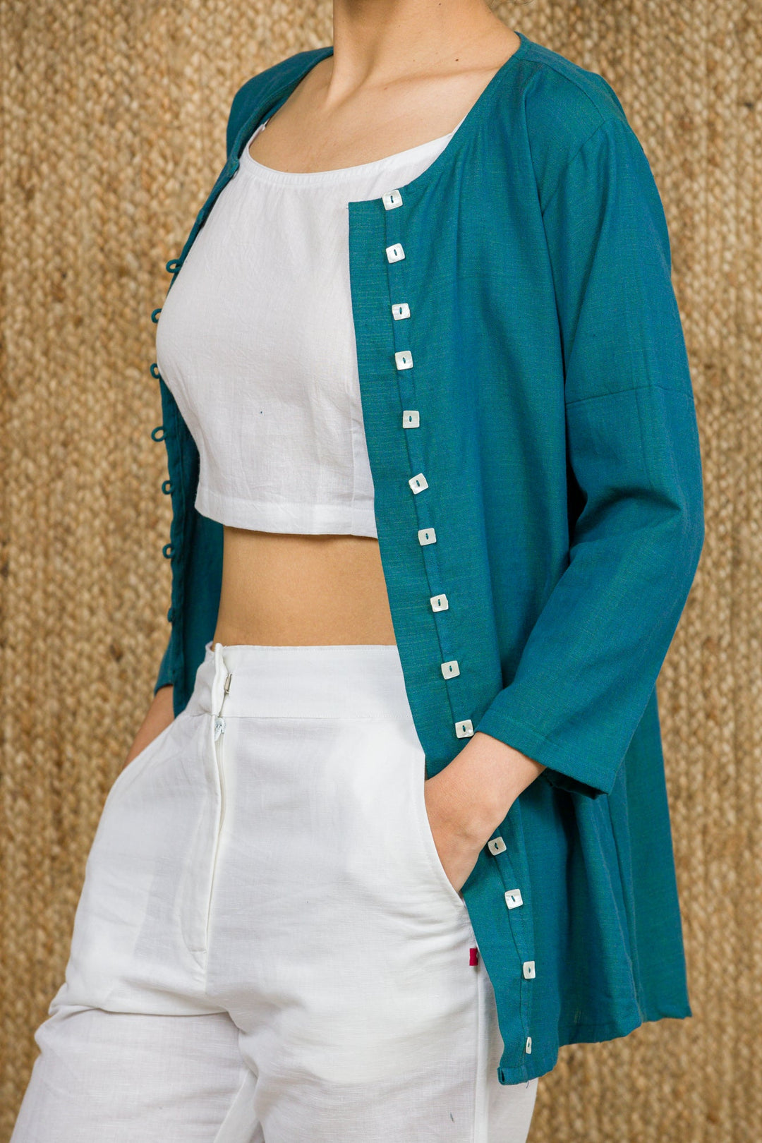 Handloom Jacket With White Inner And Linen Pants - womenswear - 1059/W/JCTP/TW