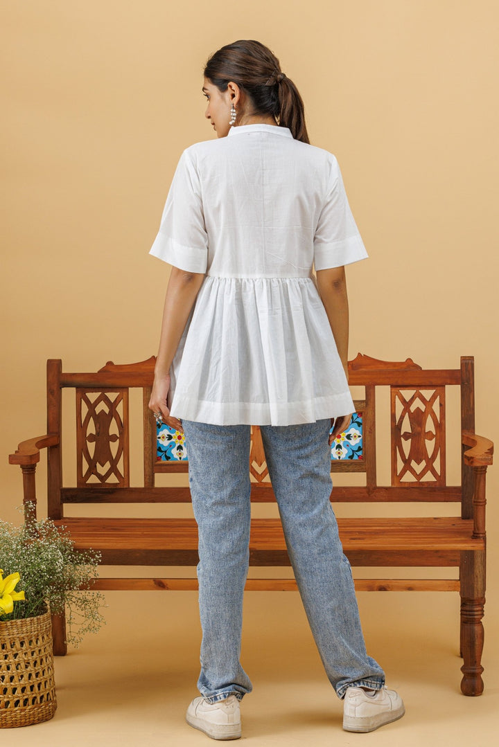 White Cotton Flared/Peplum Top - womenswear - 1069/W/T/WC
