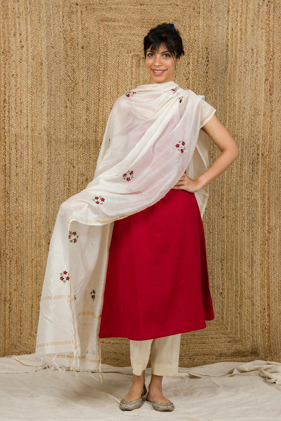 Handloom Kurta With Hand Embroidery Chanderi Dupatta - womenswear - 1070/W/KUD/ROW