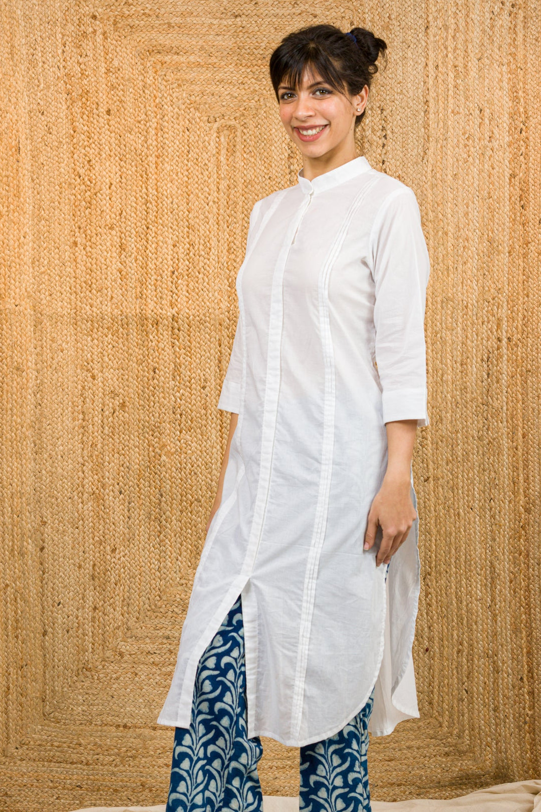 White Kurta With Indigo Hand Block Print Pants - womenswear - 1092/W/KU/WC