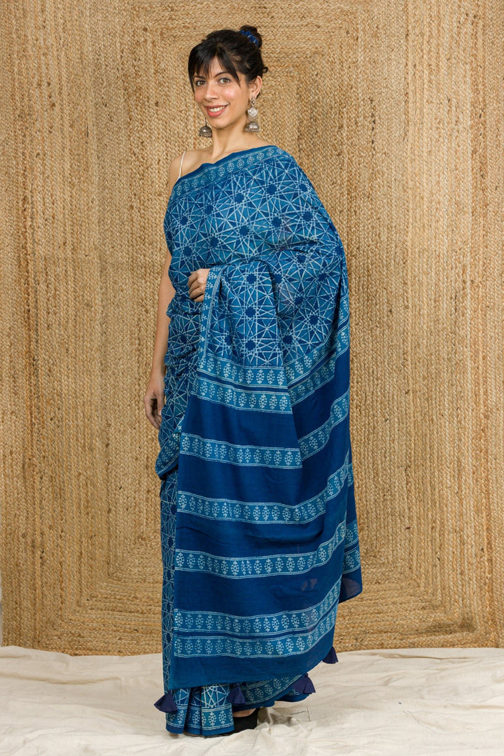 Indigo Hand Block Saree - womenswear - 1094/W/SR/I