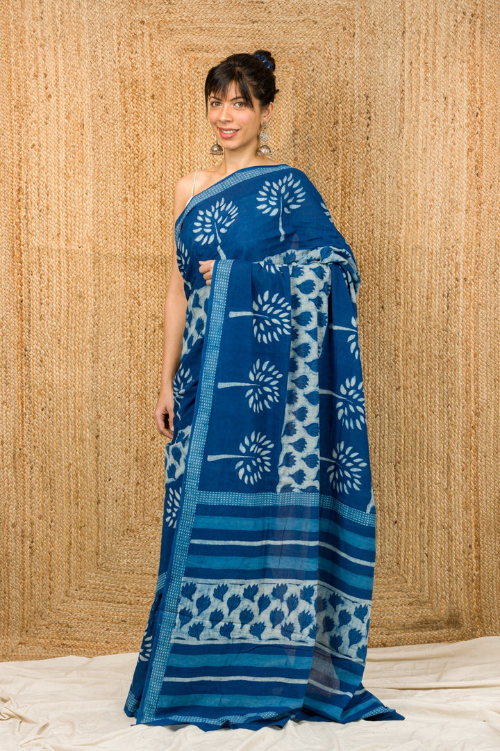 Indigo Hand Block Print Saree - womenswear - 1096/W/SR/I