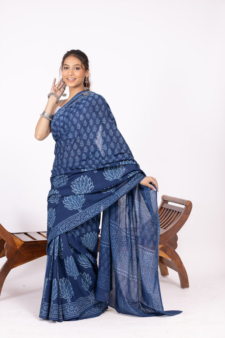 Lotus Indigo Hand Block Print Saree - womenswear - 1098/W/SR/I