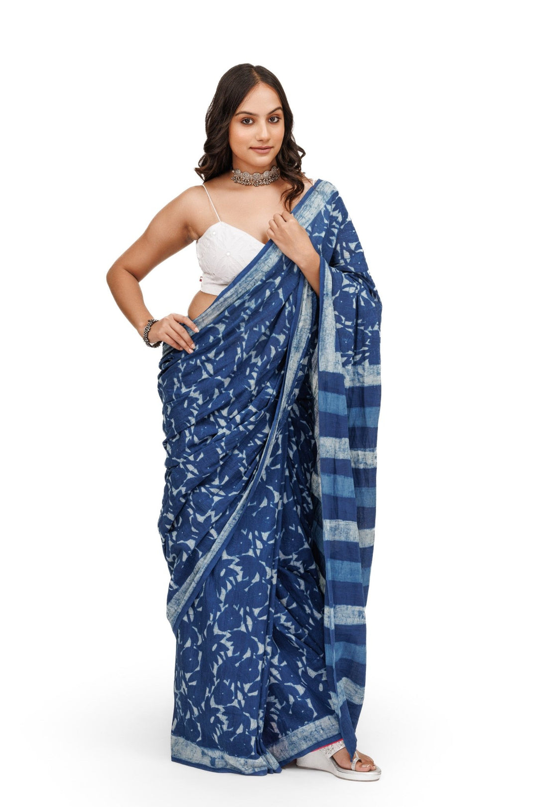 Indigo Hand Block Print Saree - womenswear - 1105/W/SR/I