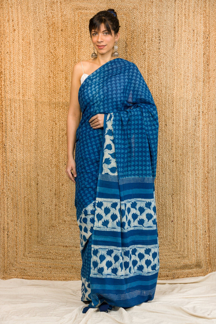 Indigo Hand Block Print Saree - womenswear - 1119/W/SR/I
