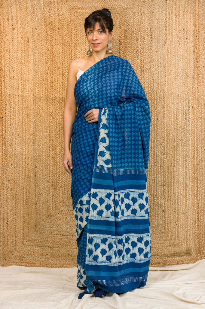Indigo Bagru Block Print Cotton Saree with Blouse – RKG SHOPPING