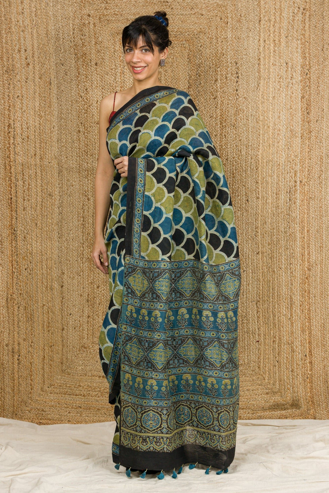 Ajrakh Hand Block Print Linen By Tussar Saree - womenswear - 1125/W/SR/LT