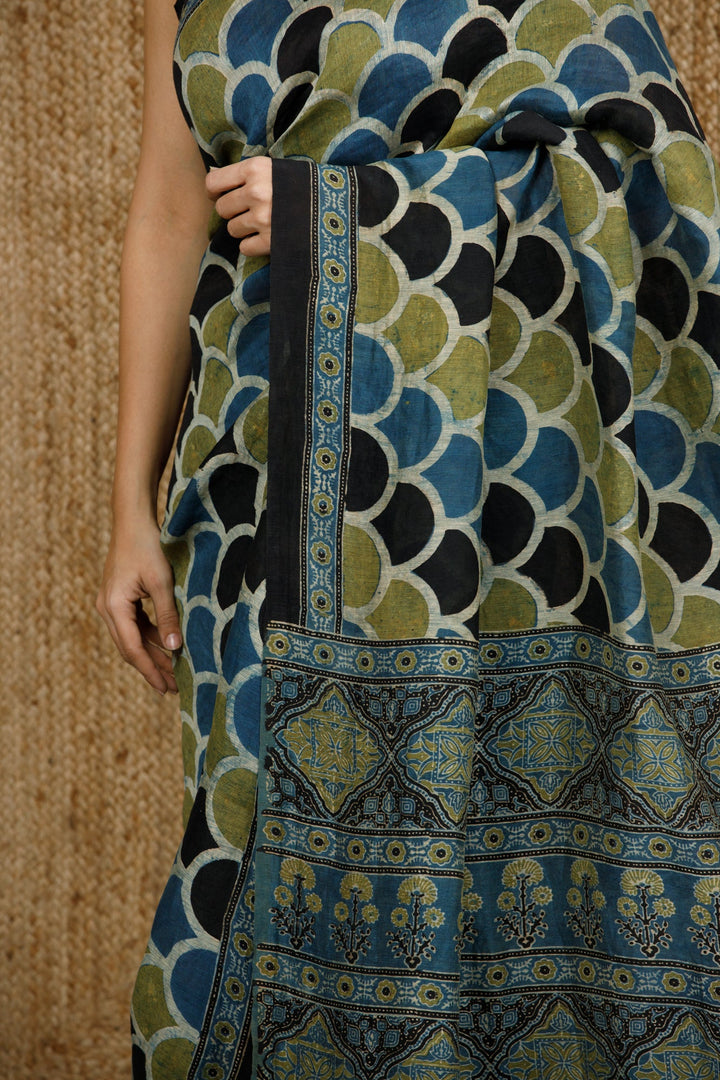 Ajrakh Hand Block Print Linen By Tussar Saree - womenswear - 1125/W/SR/LT