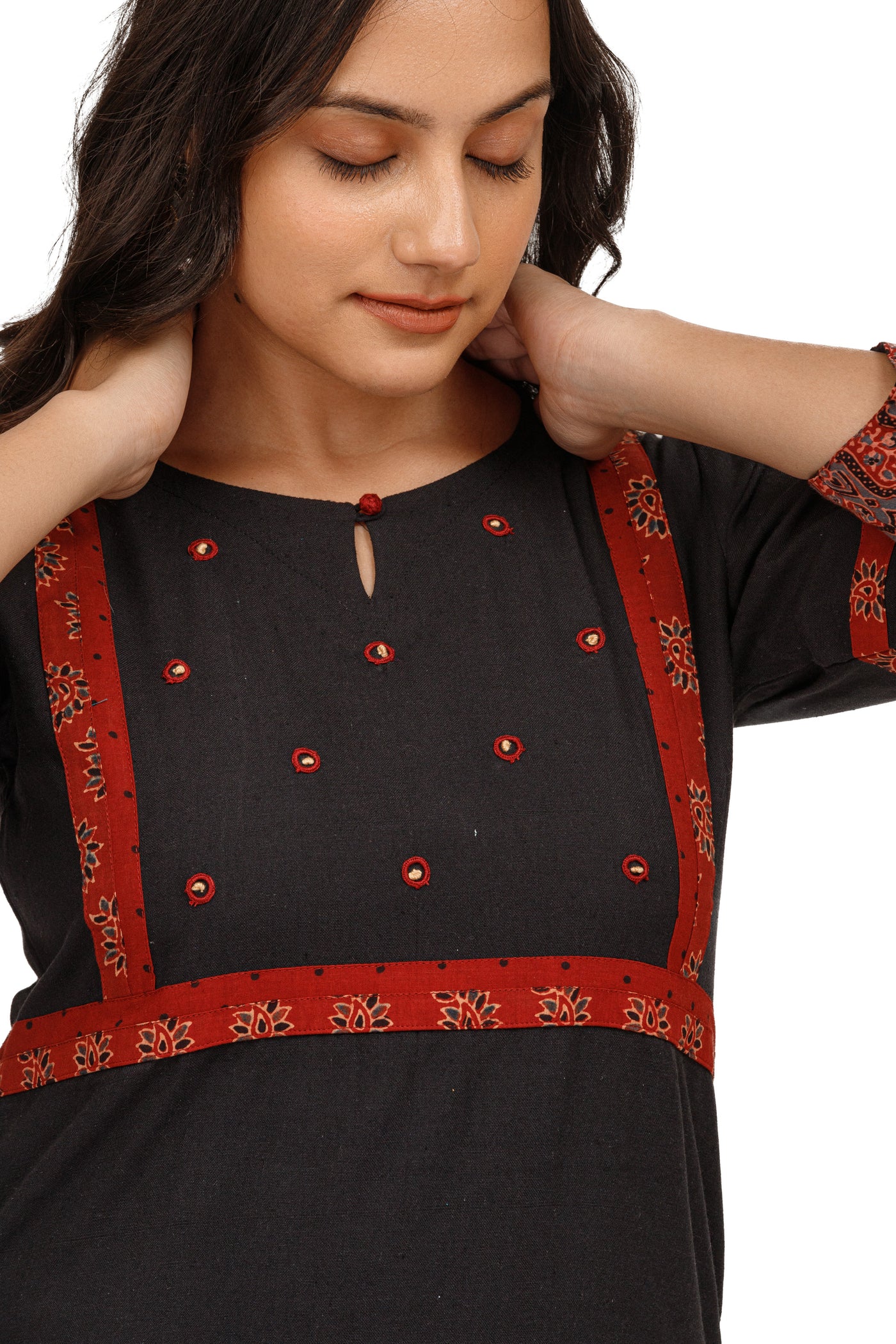 Inayat Handloom Black Kurta With Ajrakh Detailing and Hand Embroidery