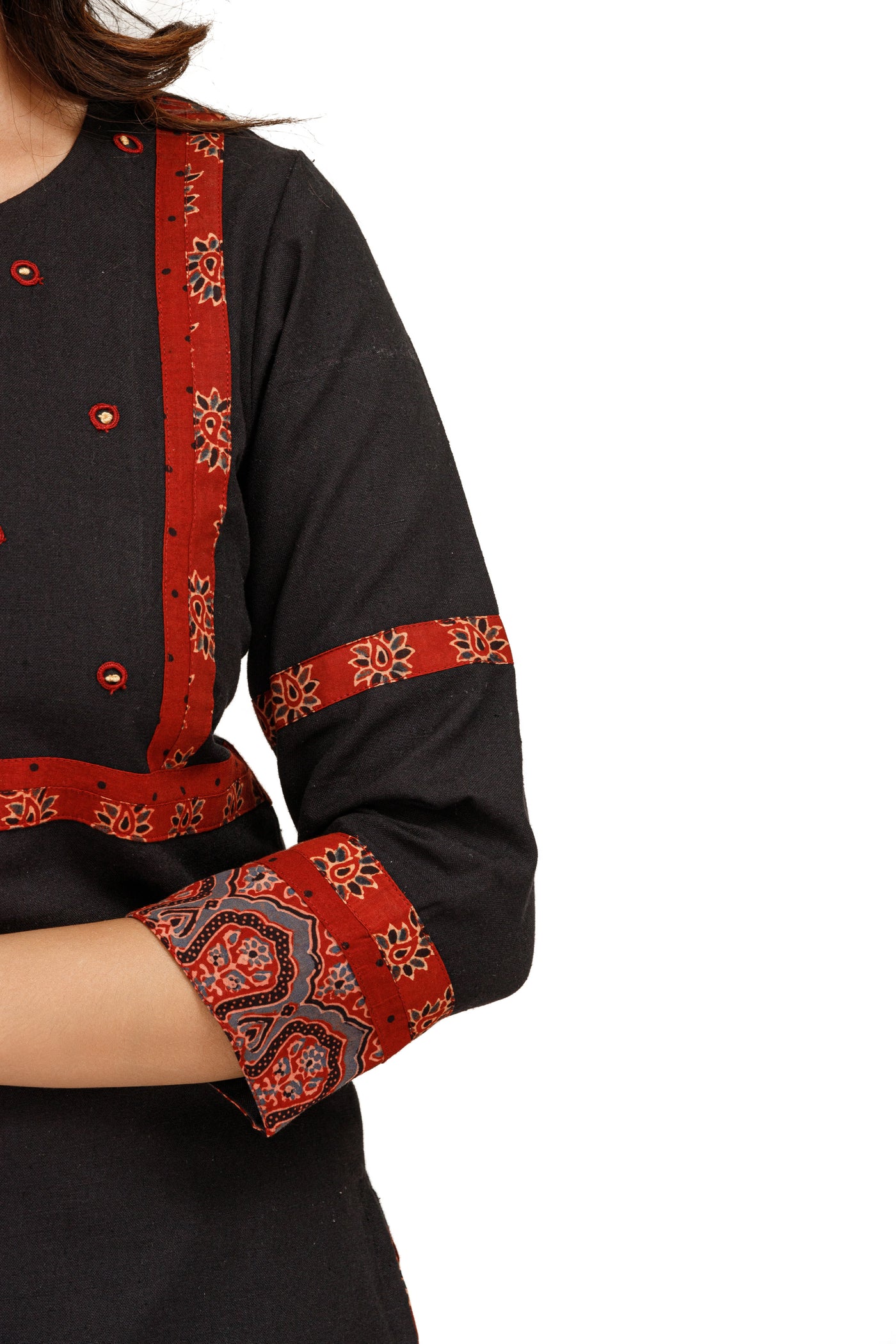 Inayat Handloom Black Kurta With Ajrakh Detailing and Hand Embroidery