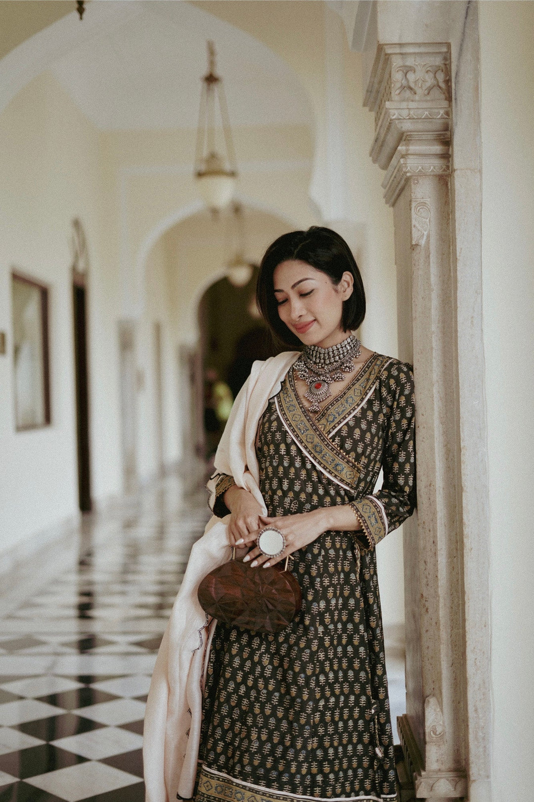 Ajrakh Angrakha Kurta with Scalloped Dupatta and Pants - womenswear -