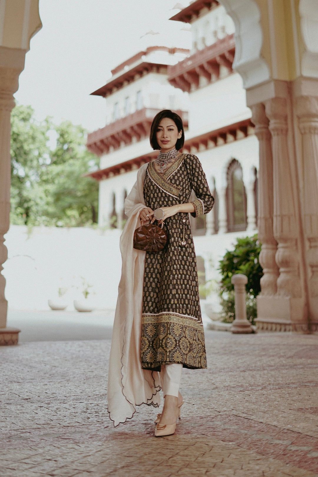Ajrakh Angrakha Kurta with Scalloped Dupatta and Pants - womenswear -