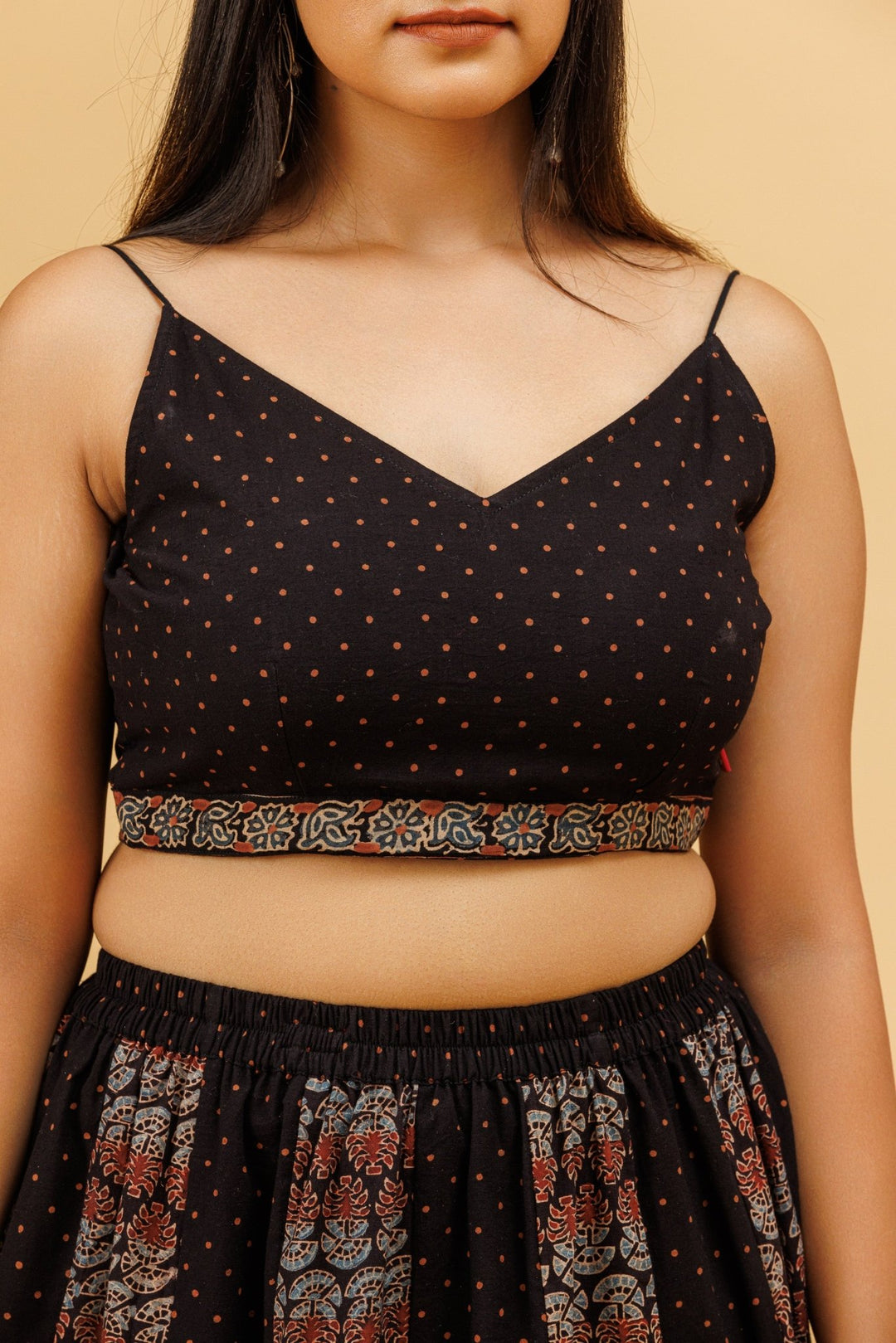 Black Ajrakh Polka Dot Spaghetti Strap Blouse Tilohri