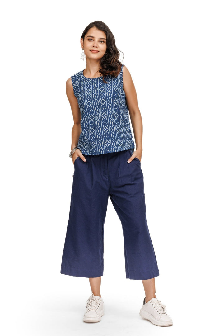 Blue Morning Glory Crop Top With Handloom Pants / Culottes - womenswear -
