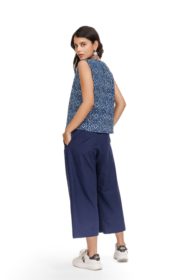 Blue Morning Glory Crop Top With Handloom Pants / Culottes - womenswear -
