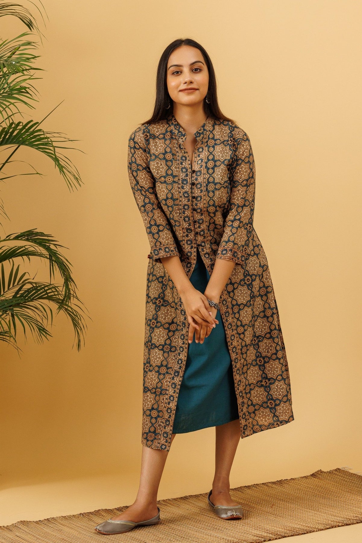 Cream and Teal Ajrakh Hand Block Print Cape Shrug With Handloom