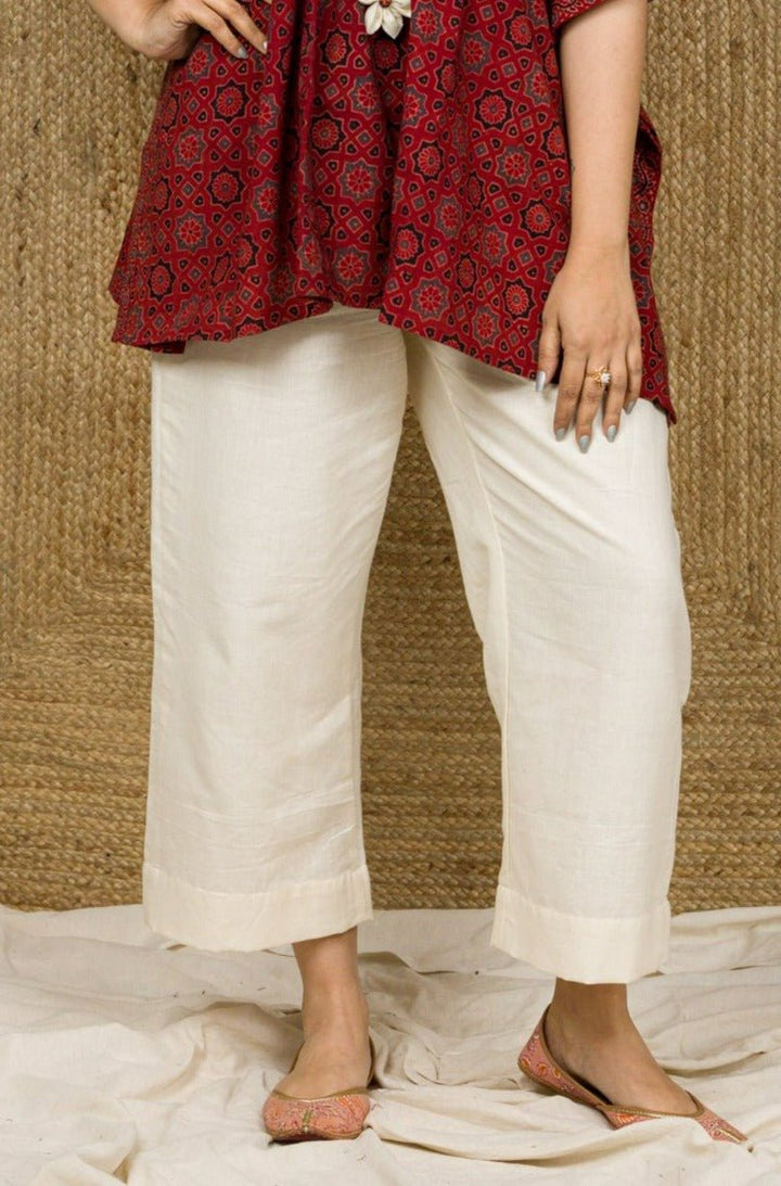 Cream Coloured Cotton Handloom Slight Flared Pants - womenswear -