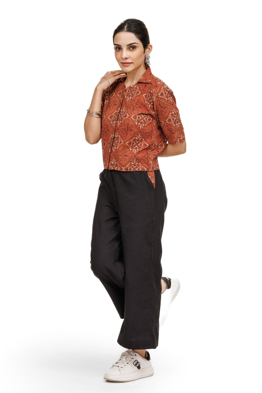 Fusion Ajrakh Crop Top With Handloom Pants / Culottes - womenswear -