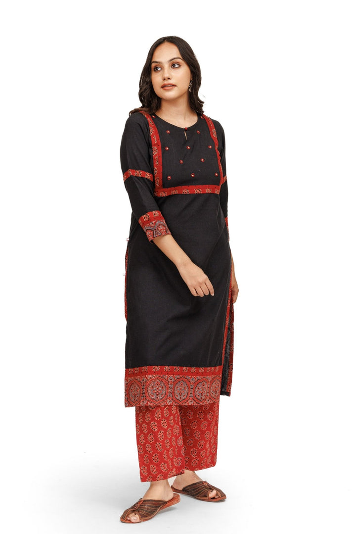 Inayat Handloom Black Kurta With Ajrakh Detailing and Hand Embroidery - womenswear -
