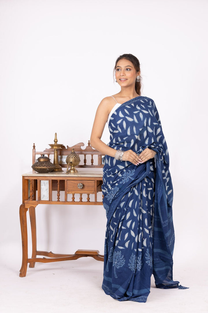 Indigo Blue Lotus Hand Block Print Saree - womenswear -