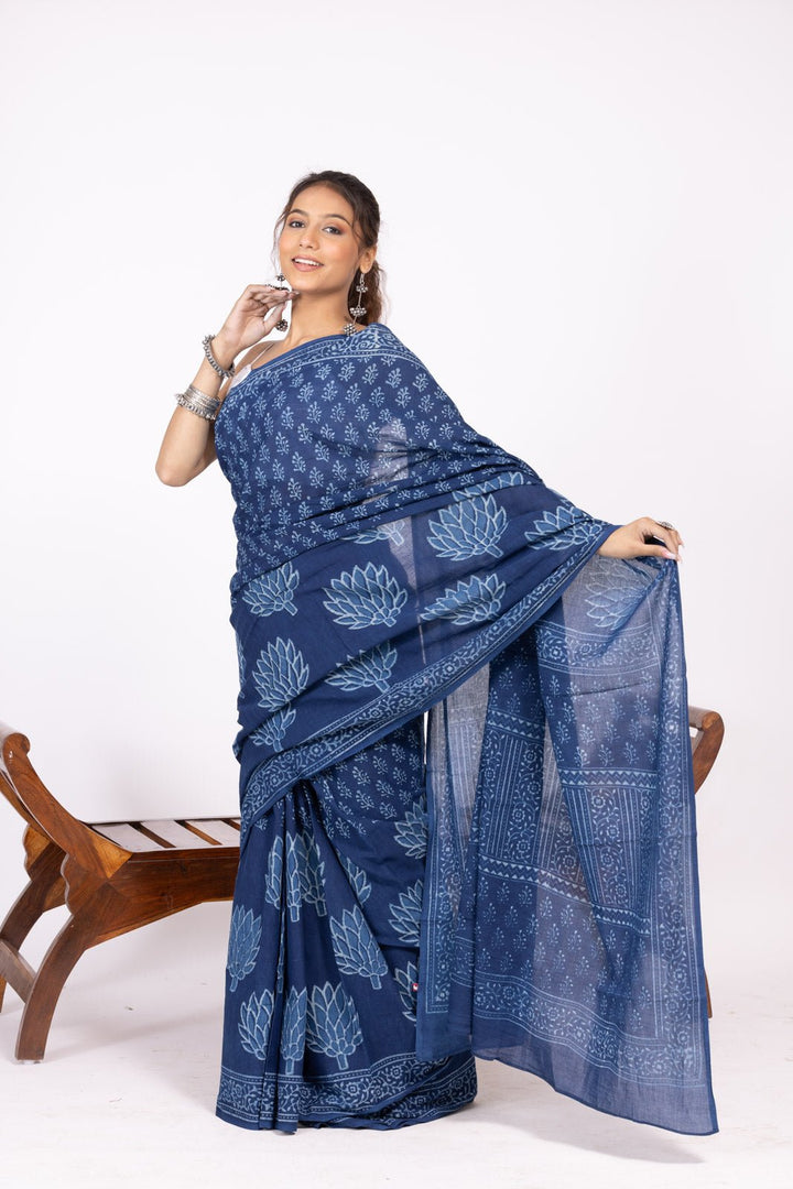 Indigo Half Half Hand Block Print Saree - womenswear -