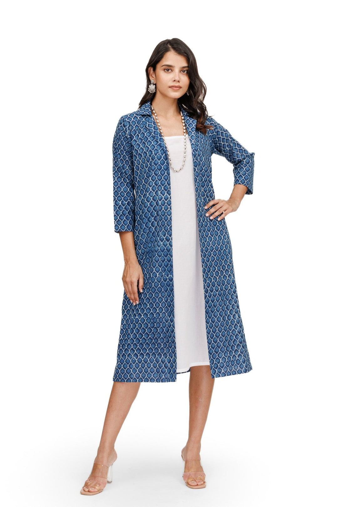 Indigo Hand Block Print Long Coat/ Jacket With Slip Dress