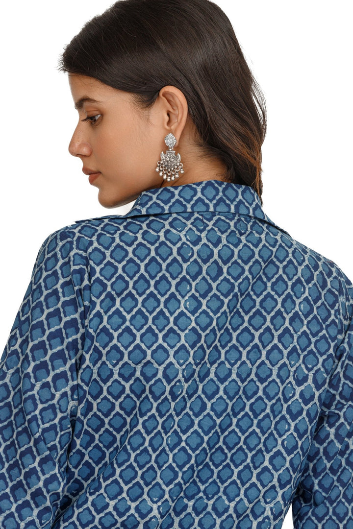 Indigo Hand Block Print Long Coat/ Jacket With Slip Dress - womenswear -