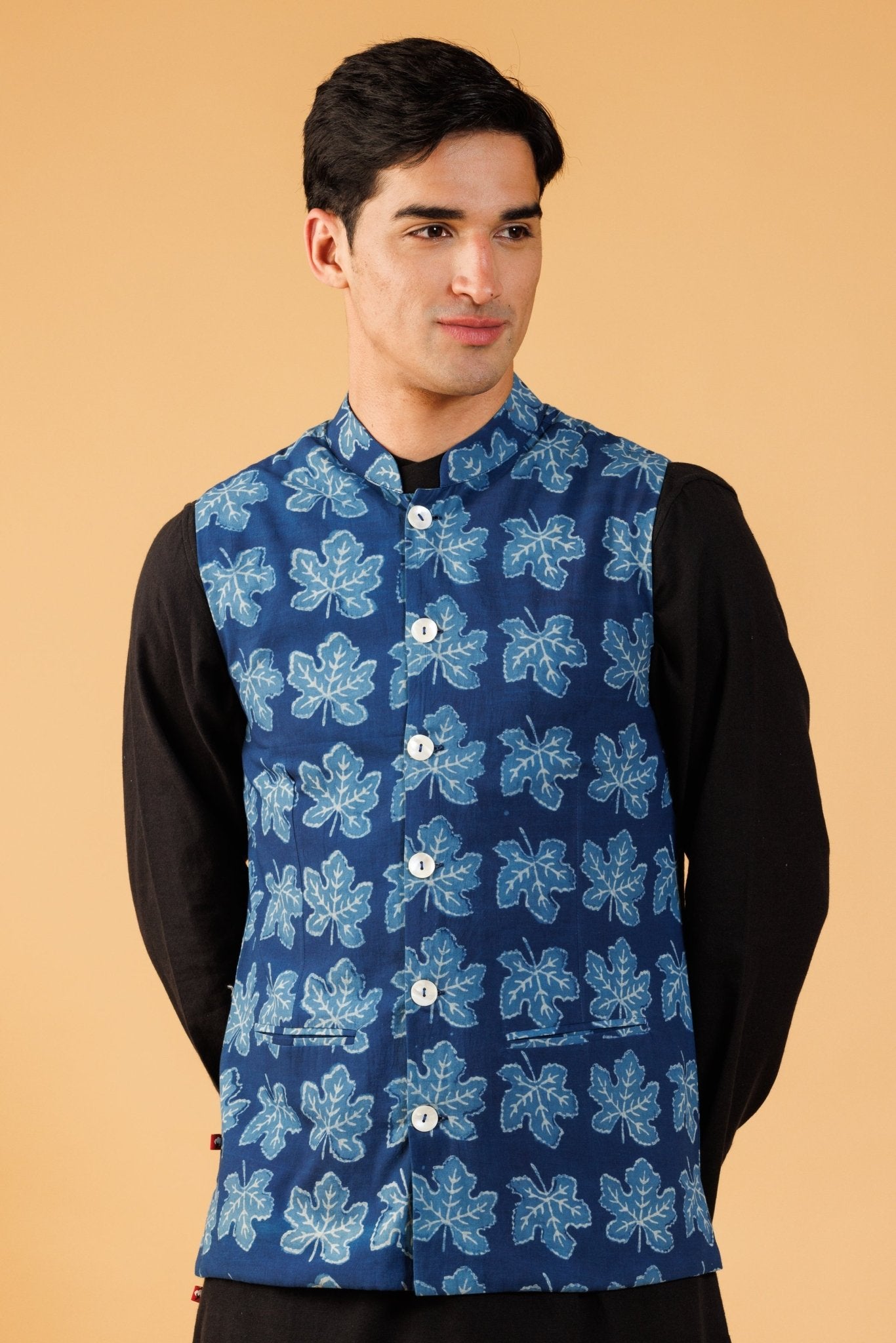 Indigo Hand Block Print Nehru Jacket - Tilohri