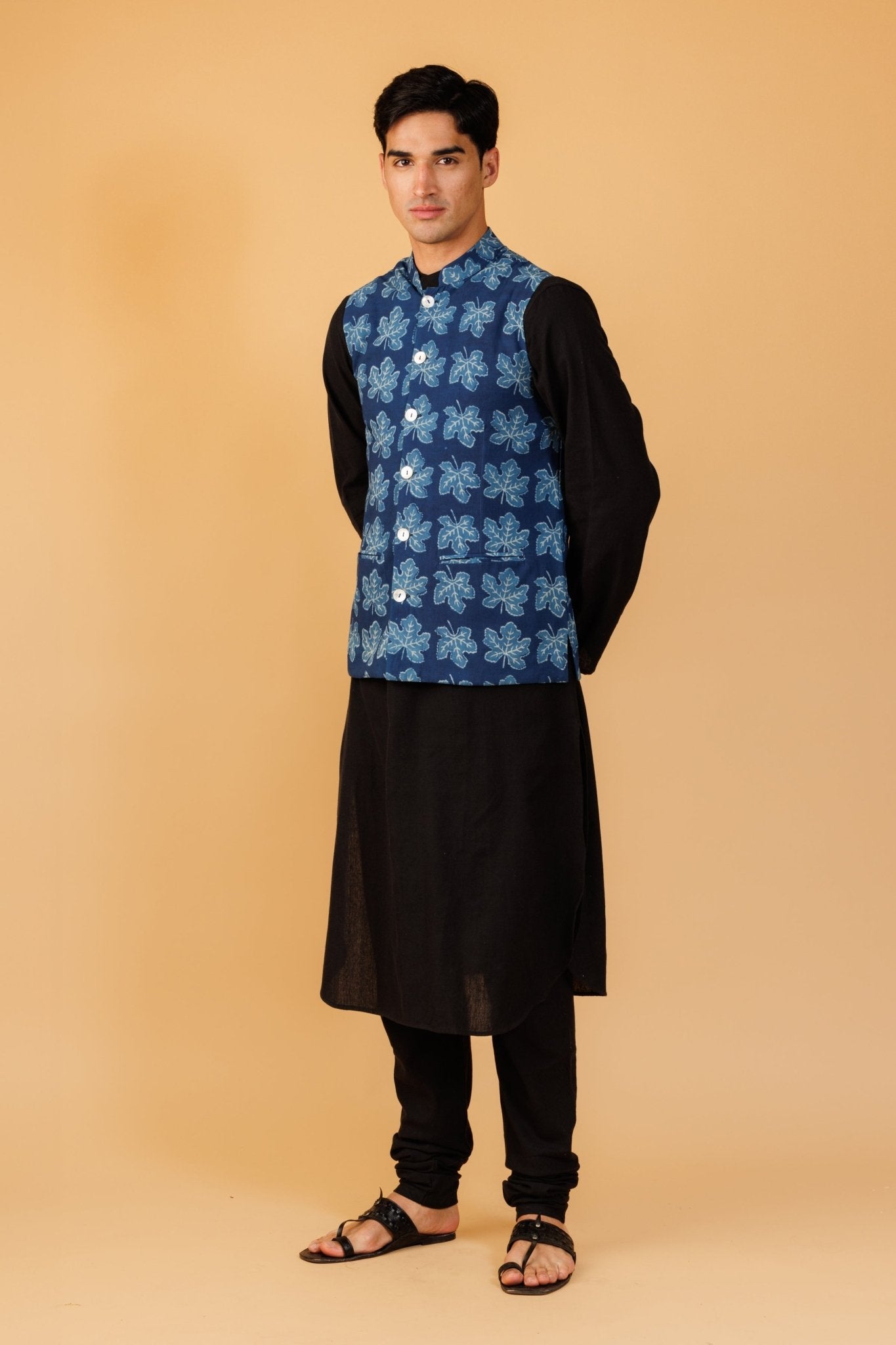 Indigo Hand Block Print Nehru Jacket - Tilohri