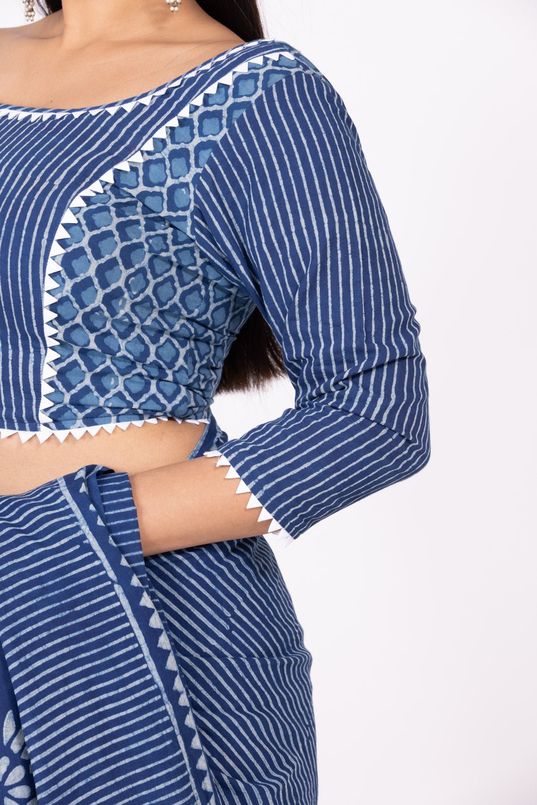 Indigo Handblocked Blouse with Fabric Lace Detailing - womenswear -