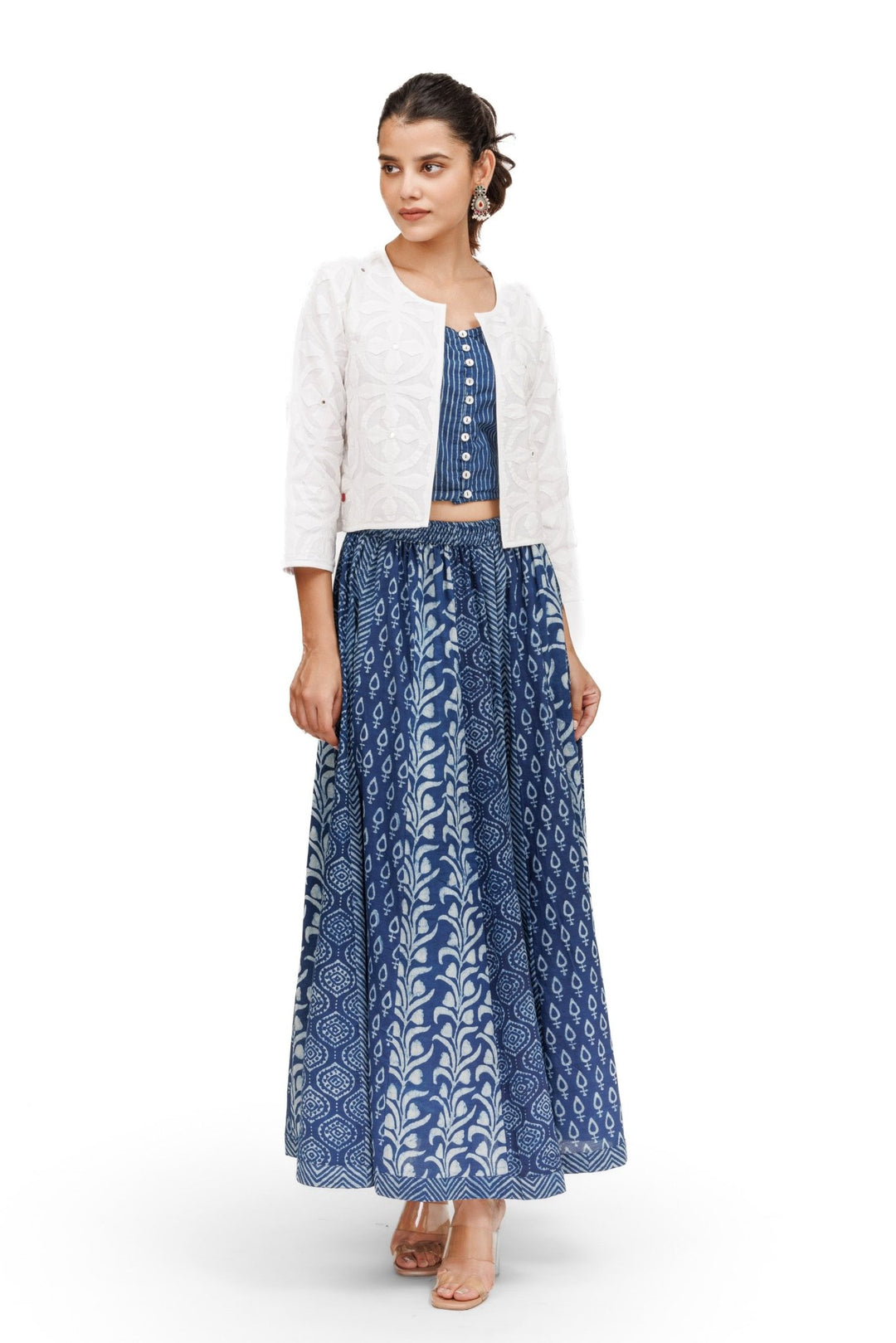 Indigo Kalidaar Elasticated Skirt With Applique Short Shrug and Crop Top - womenswear -