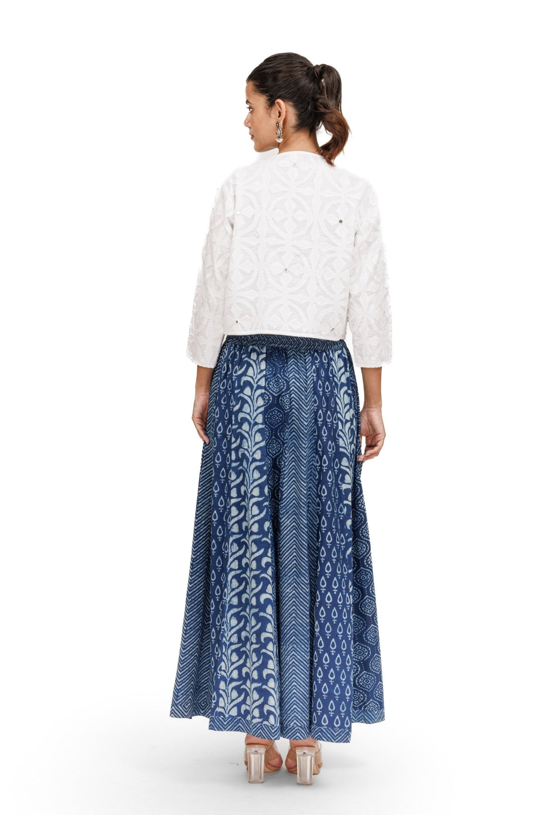 Indigo Kalidaar Elasticated Skirt With Applique Short Shrug and Crop Top - womenswear -