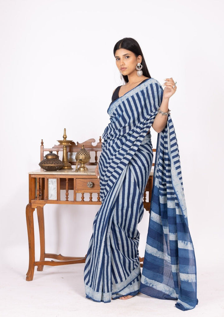 Indigo Thick Stripes Hand Block Print Saree - womenswear -