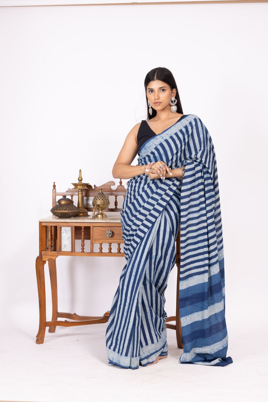 Indigo Thick Stripes Hand Block Print Saree - womenswear -