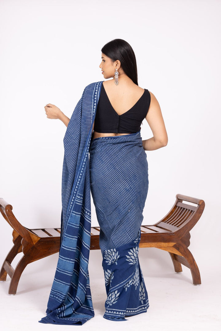 Indigo Thin Striped Hand Block Print Saree - womenswear -