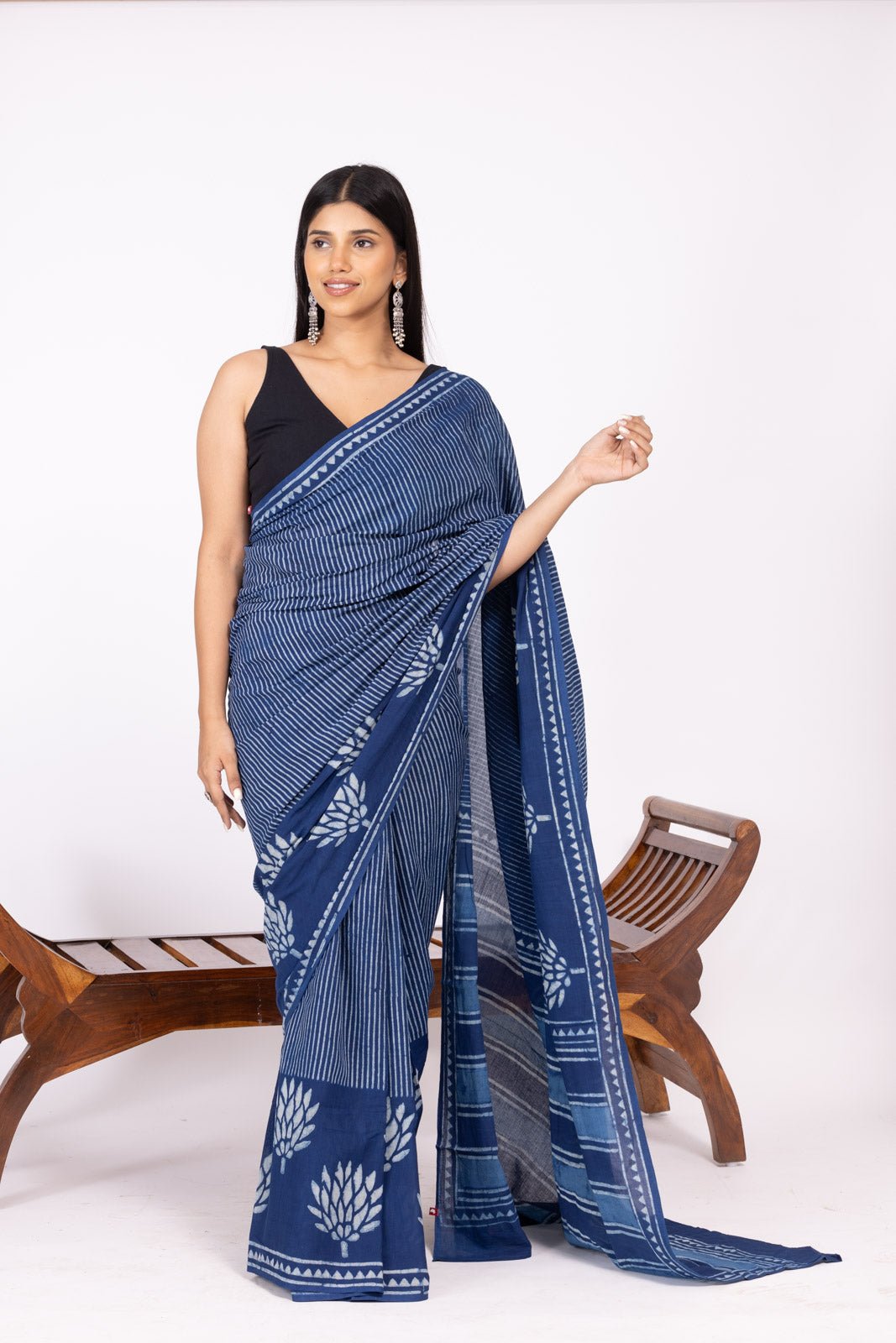 Indigo Thin Striped Hand Block Print Saree - womenswear -
