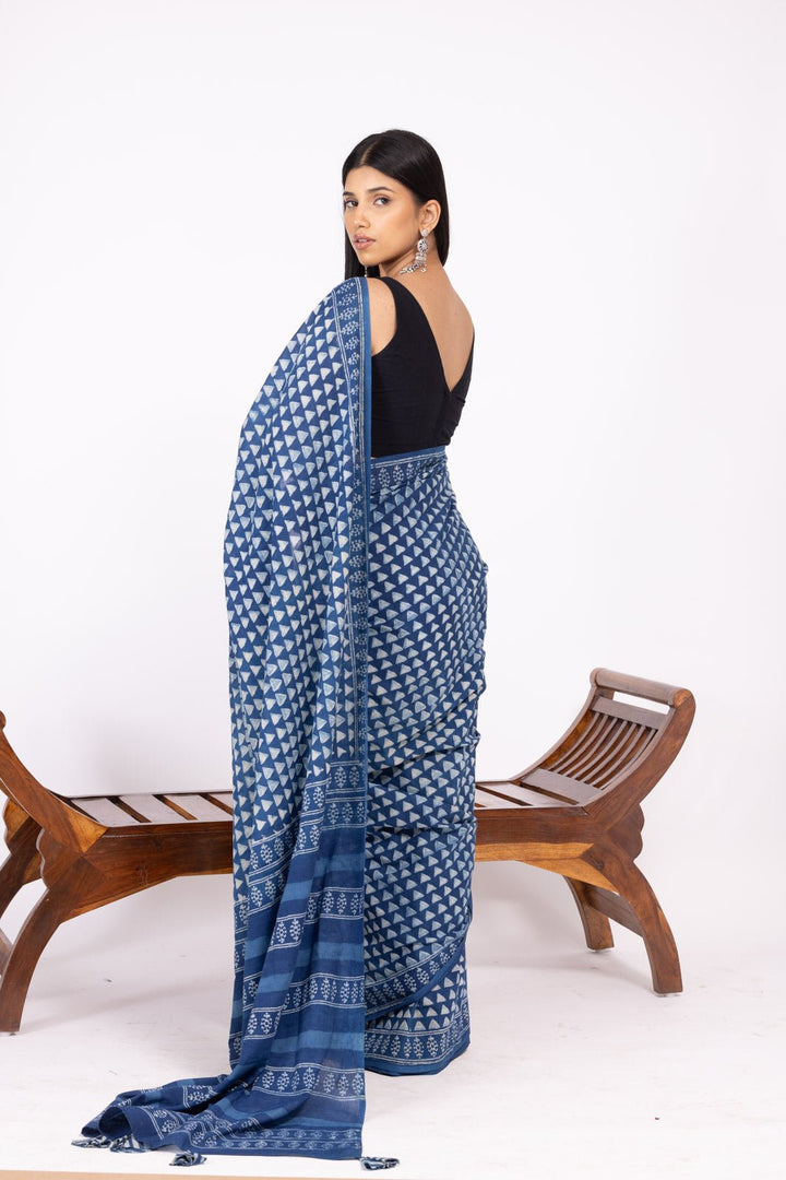 Indigo Triangle Hand Block Print Saree - womenswear -