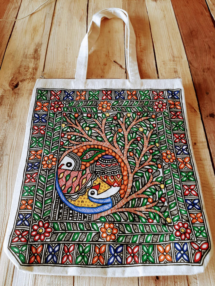 Madhubani Handpainted Canvas Bags with Zipper - Bags -