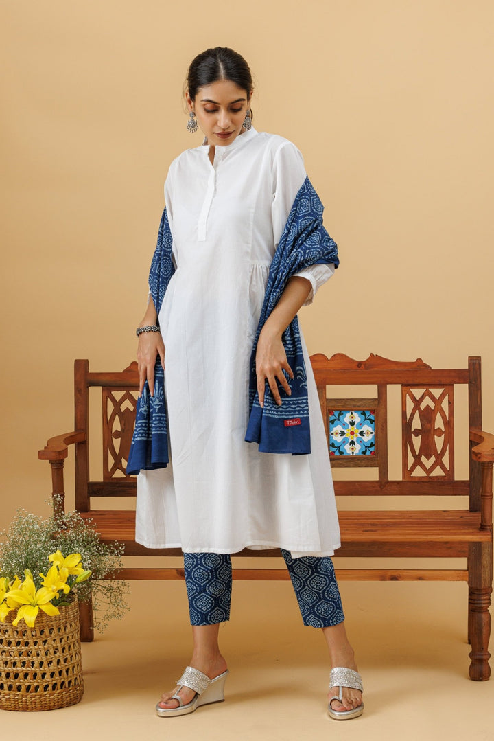 Mahtab White Camric Kurta With Indigo Pants and Stole - womenswear -