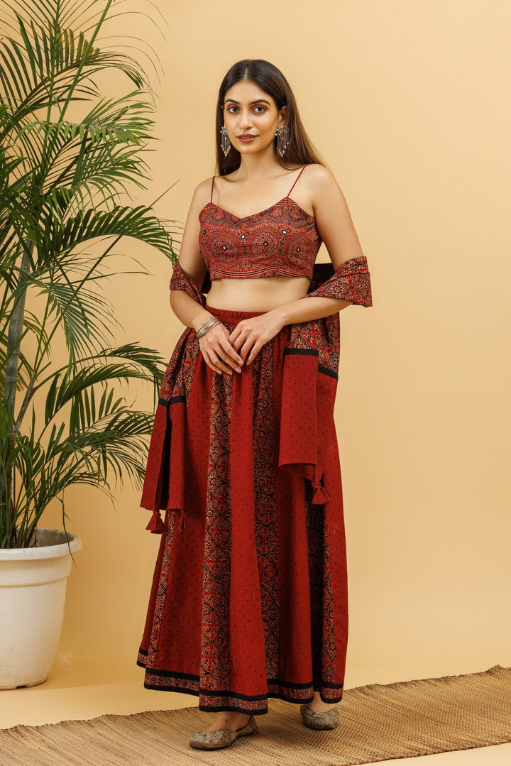 Maroon Ajrakh Kalidaar Elasticated Long Skirt - womenswear -