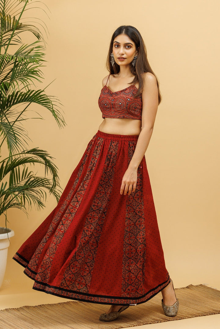 Maroon Ajrakh Kalidaar Elasticated Long Skirt - womenswear -